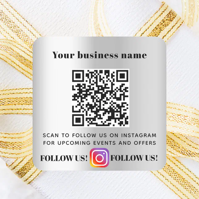 Silver business QR code Instagram follow Square Sticker | Zazzle