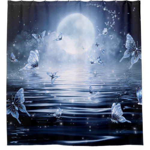 Silver Butterflies Over A Misty Sea In Moonlight Shower Curtain