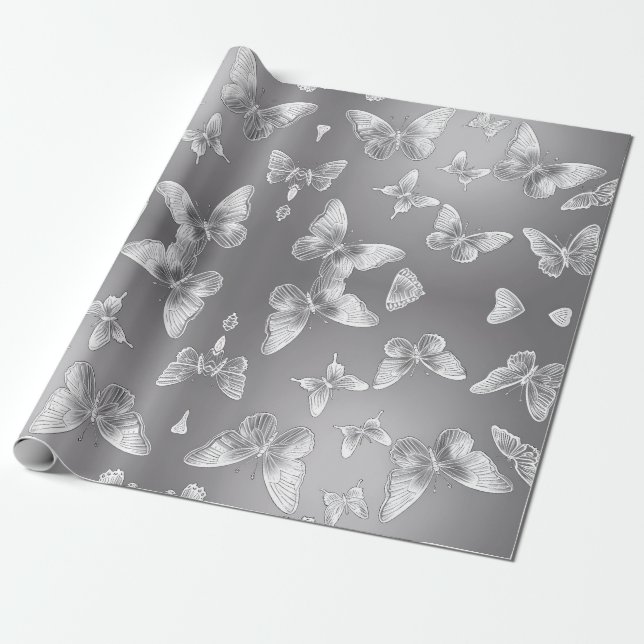 Silver Butterflies Wildlife Lovers Wrapping Paper (Unrolled)