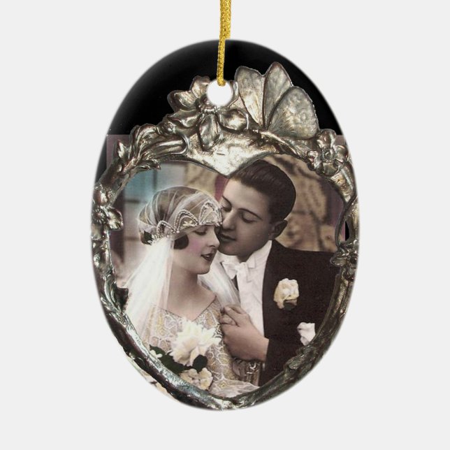 SILVER BUTTERFLY AND FLOWERS  HEART PHOTO TEMPLATE CERAMIC ORNAMENT (Front)