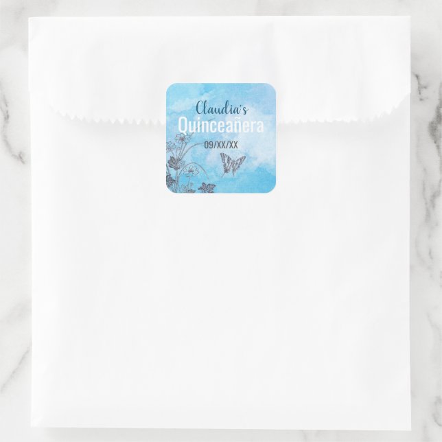 Silver Butterfly and Flowers On Blue Quinceanera Square Sticker (Bag)