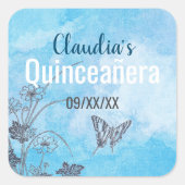 Silver Butterfly and Flowers On Blue Quinceanera Square Sticker (Front)