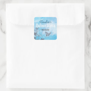 Silver Butterfly and Flowers On Blue Quinceanera Square Sticker