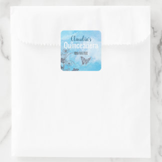 Silver Butterfly and Flowers On Blue Quinceanera Square Sticker
