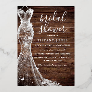 Silver Butterfly Dress Rustic Bridal Shower Foil Invitation