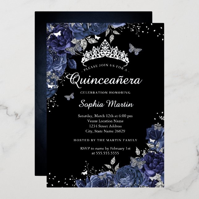 Silver Butterfly Floral Navy Black Quinceanera Foil Invitation (Front/Back)