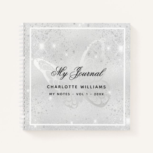 Silver butterfly glitter sparkles name script notebook (Front)