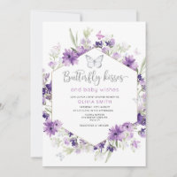 Silver Butterfly kisses baby shower invitation