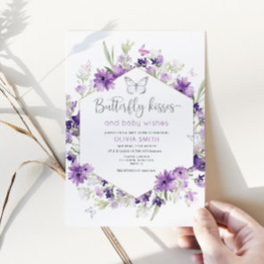 Silver Butterfly kisses baby shower invitation