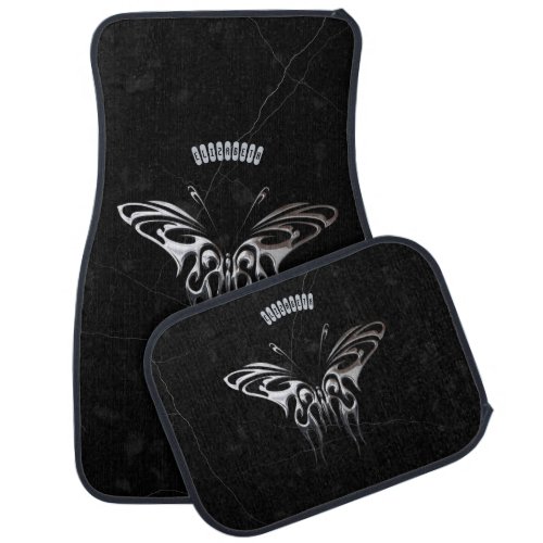 Silver Butterfly On Black Marble With Gray Veins Car Mat