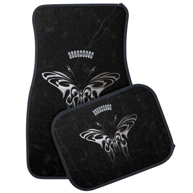 Silver Butterfly On Black Marble With Gray Veins Car Mat (Set)