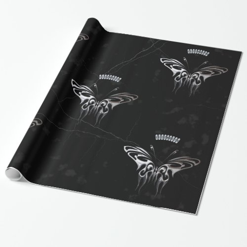 Silver Butterfly On Black Marble With Gray Veins Wrapping Paper