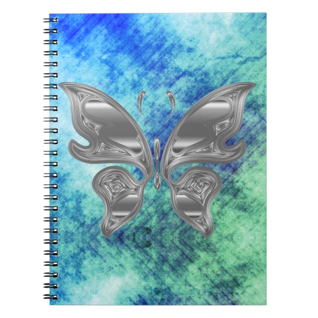 Silver Butterfly on Dreamy Blue Green Sky Notebook (Front)