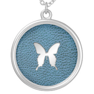 Silver Butterfly on Faux Blue Leather Necklace