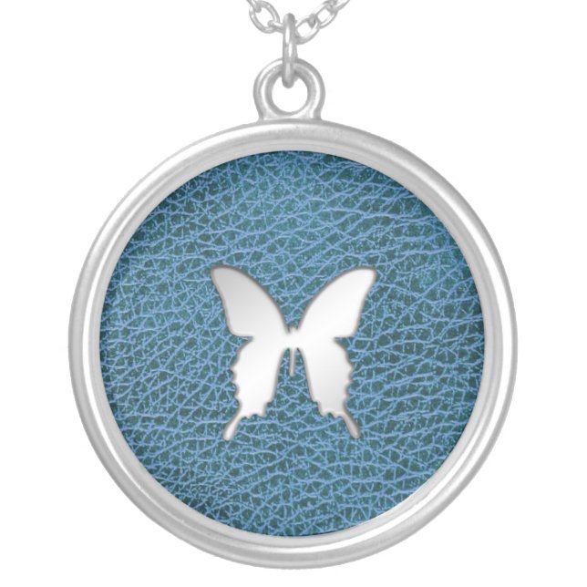 Silver Butterfly on Faux Blue Leather Necklace (Front)