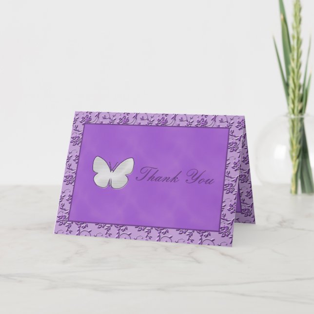 Silver Butterfly on Purple Thank You Card (Front)