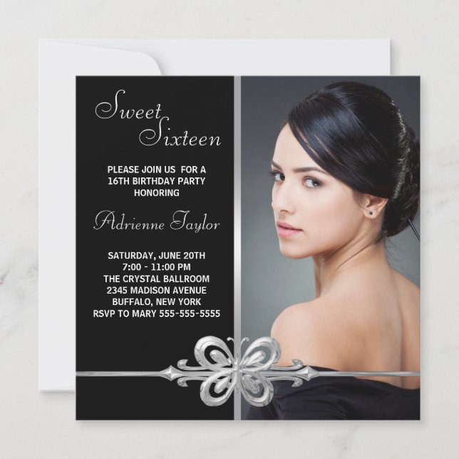 Silver Butterfly Photo Sweet Sixteen Birthday Invitation (Front)