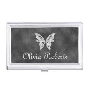 Silver Butterfly & Velvet Personalized Business Card Case