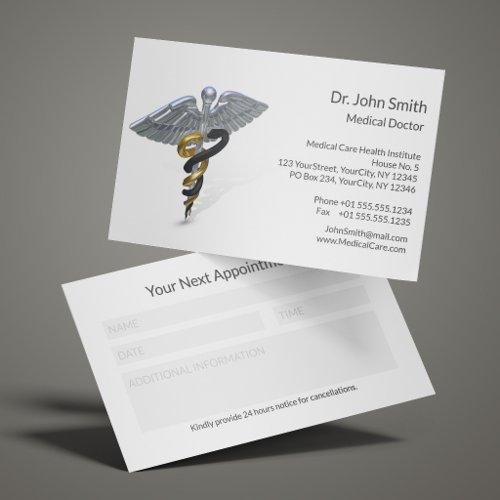 Silver Caduceus Black Gold Medical Reminder Appointment Card