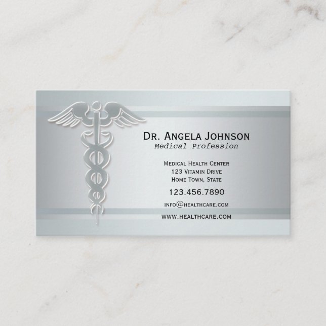 Silver Caduceus Medical Appointment Business Card (Front)