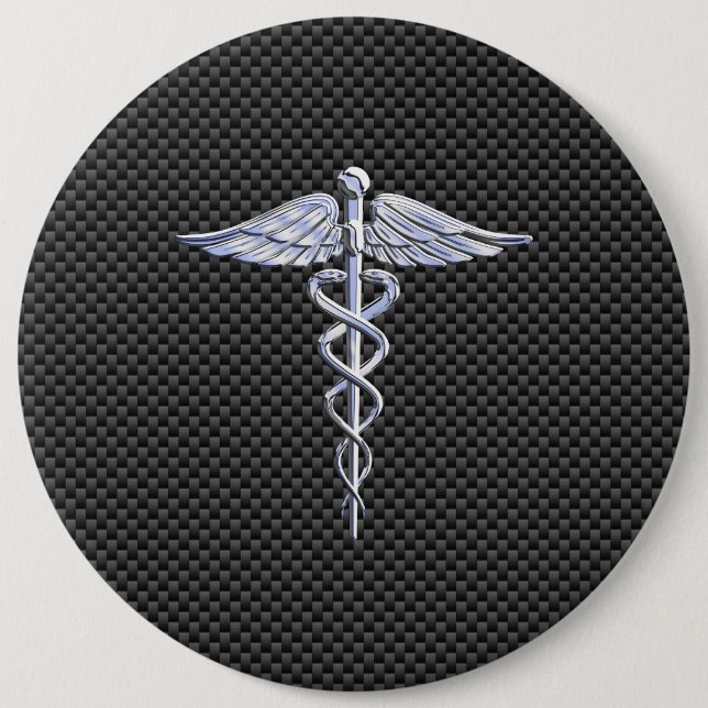 Silver Caduceus Medical Symbol Carbon Fiber Style Button (Front)