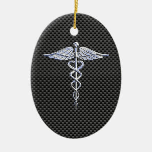 Silver Caduceus Medical Symbol Carbon Fiber Style Ceramic Ornament