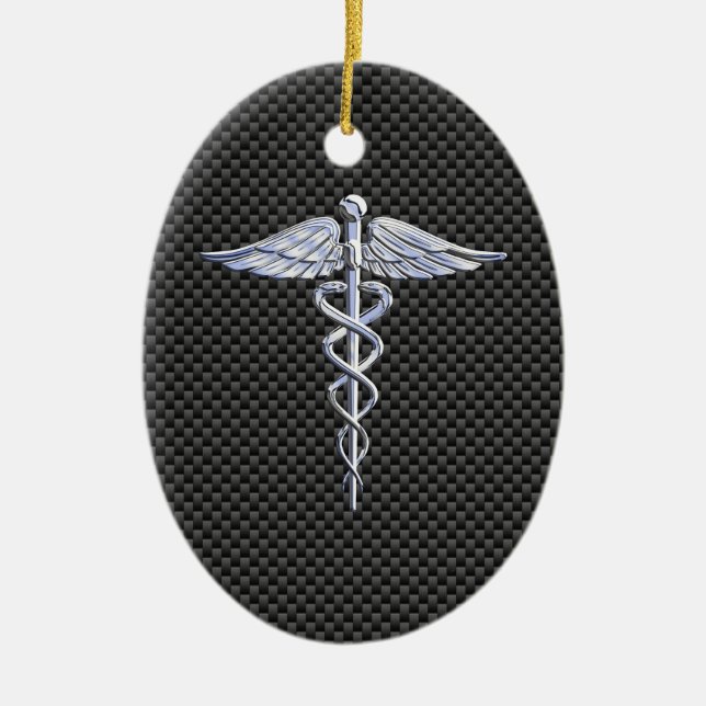 Silver Caduceus Medical Symbol Carbon Fiber Style Ceramic Ornament (Front)