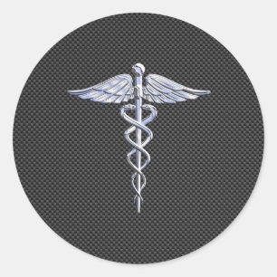 Silver Caduceus Medical Symbol Carbon Fiber Style Classic Round Sticker