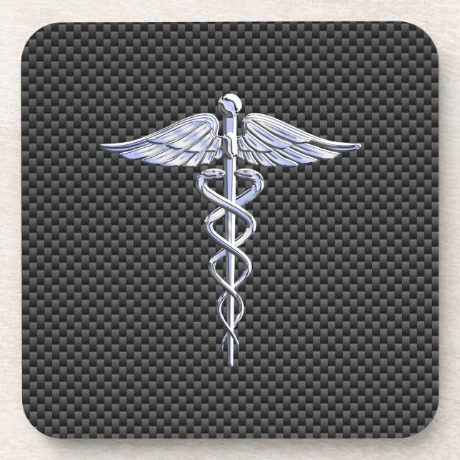 Silver Caduceus Medical Symbol Carbon Fiber Style Coaster (Front)