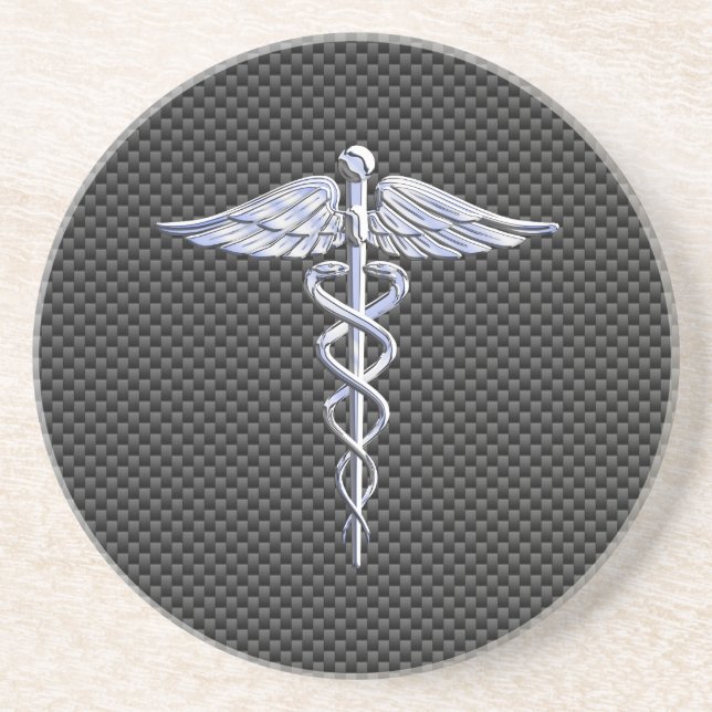 Silver Caduceus Medical Symbol Carbon Fiber Style Coaster (Front)
