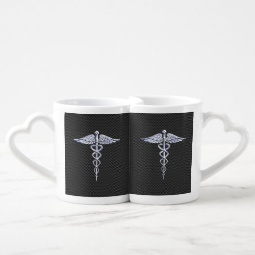 Silver Caduceus Medical Symbol Carbon Fiber Style Coffee Mug Set
