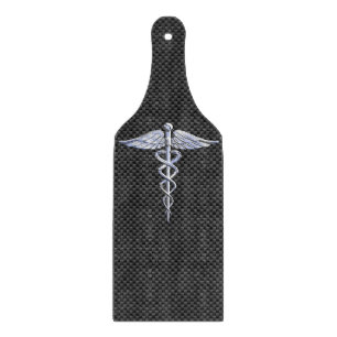 Silver Caduceus Medical Symbol Carbon Fiber Style Cutting Board