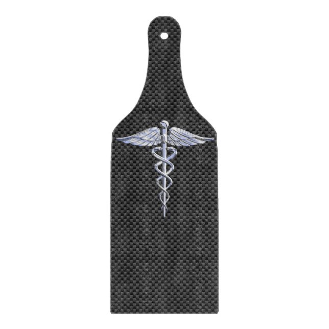 Silver Caduceus Medical Symbol Carbon Fiber Style Cutting Board (Front)