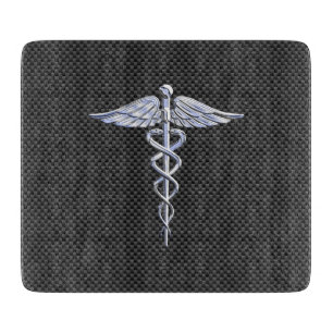 Silver Caduceus Medical Symbol Carbon Fiber Style Cutting Board