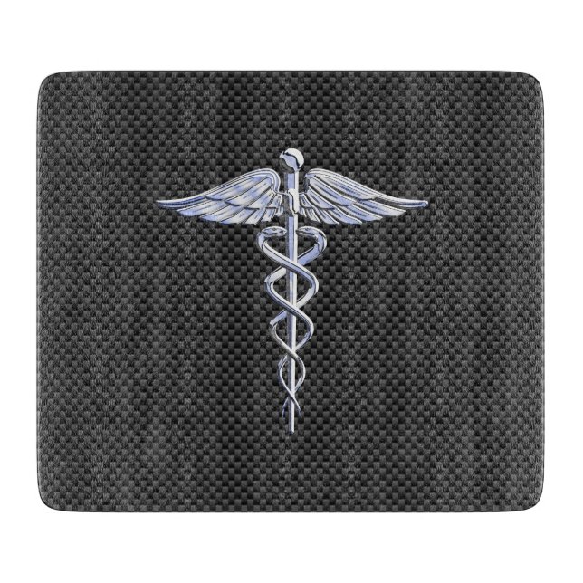 Silver Caduceus Medical Symbol Carbon Fiber Style Cutting Board (Front)