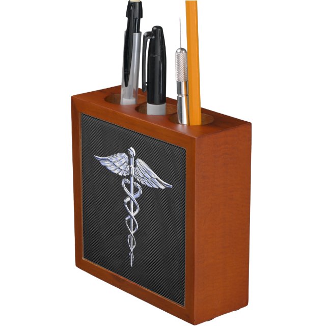 Silver Caduceus Medical Symbol Carbon Fiber Style Desk Organizer (In Situ)
