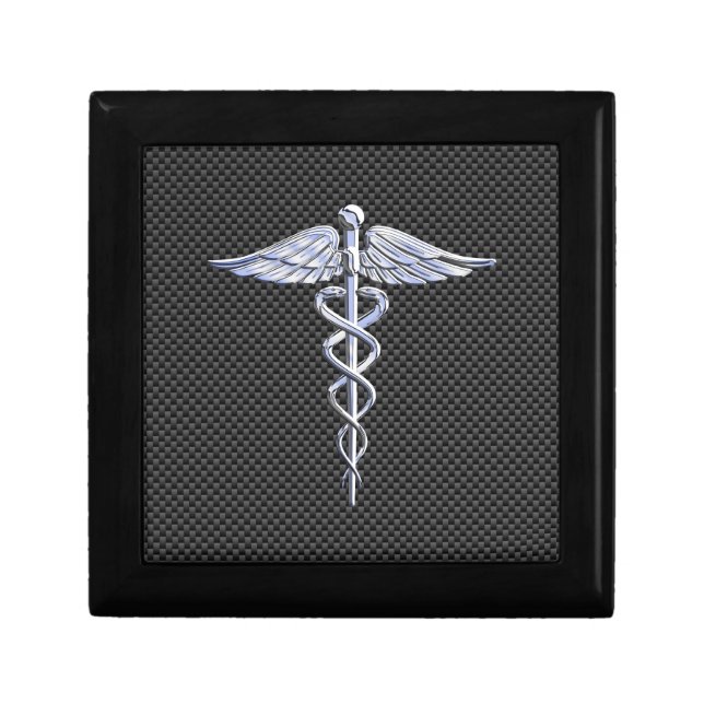 Silver Caduceus Medical Symbol Carbon Fiber Style Jewelry Box (Front)