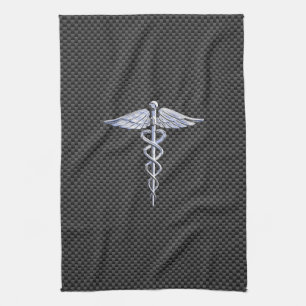 Silver Caduceus Medical Symbol Carbon Fiber Style Kitchen Towel