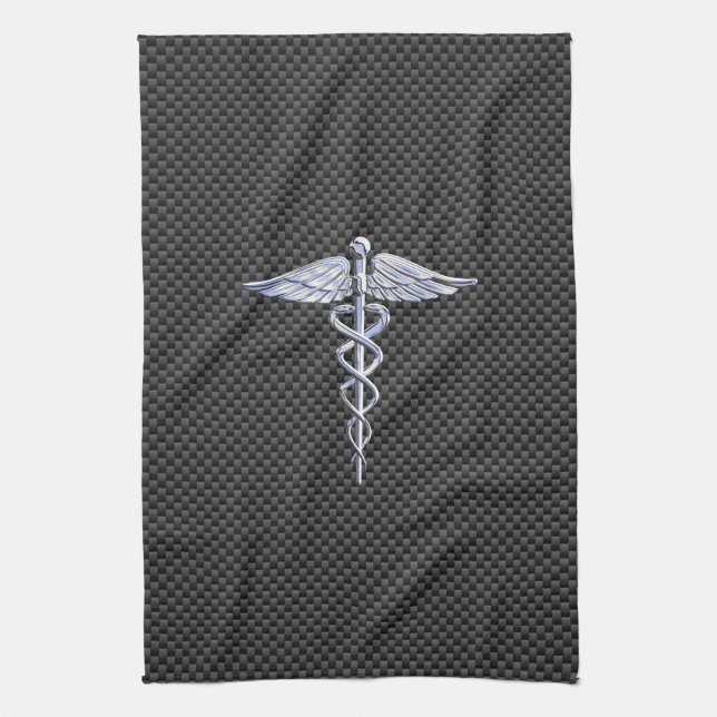 Silver Caduceus Medical Symbol Carbon Fiber Style Kitchen Towel (Vertical)