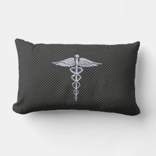 Silver Caduceus Medical Symbol Carbon Fiber Style Lumbar Pillow