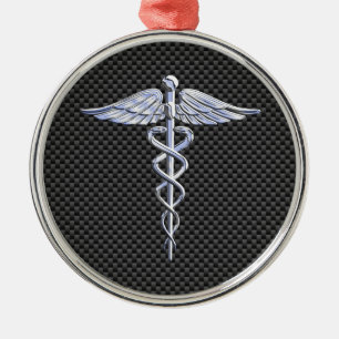 Silver Caduceus Medical Symbol Carbon Fiber Style Metal Ornament