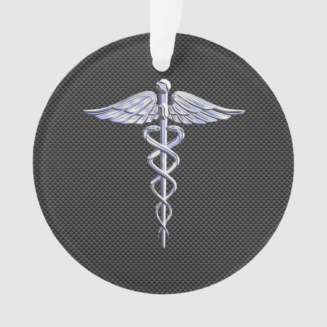 Silver Caduceus Medical Symbol Carbon Fiber Style Ornament (Front)
