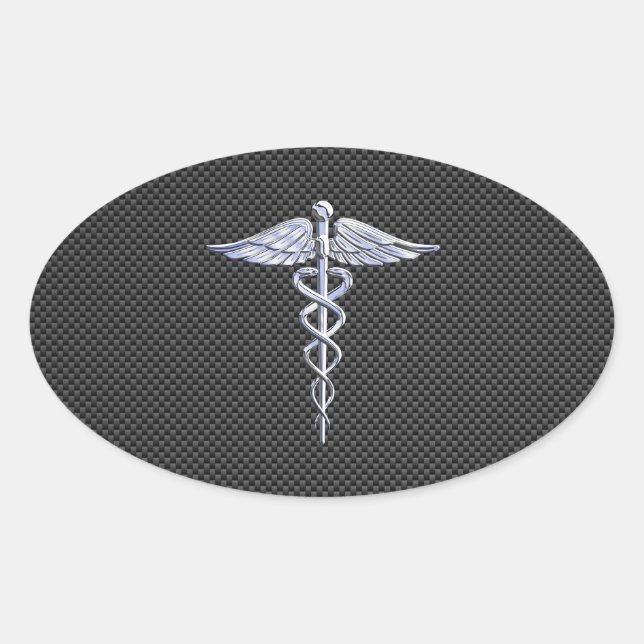 Silver Caduceus Medical Symbol Carbon Fiber Style Oval Sticker (Front)