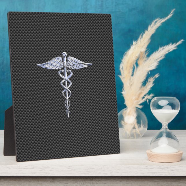 Silver Caduceus Medical Symbol Carbon Fiber Style Plaque (Side)