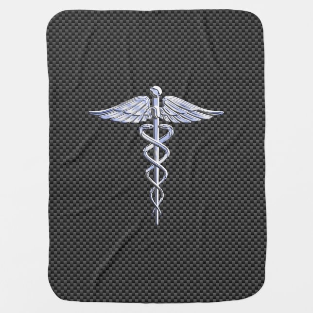 Silver Caduceus Medical Symbol Carbon Fiber Style Receiving Blanket (Front)