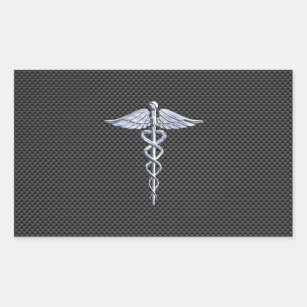 Silver Caduceus Medical Symbol Carbon Fiber Style Rectangular Sticker