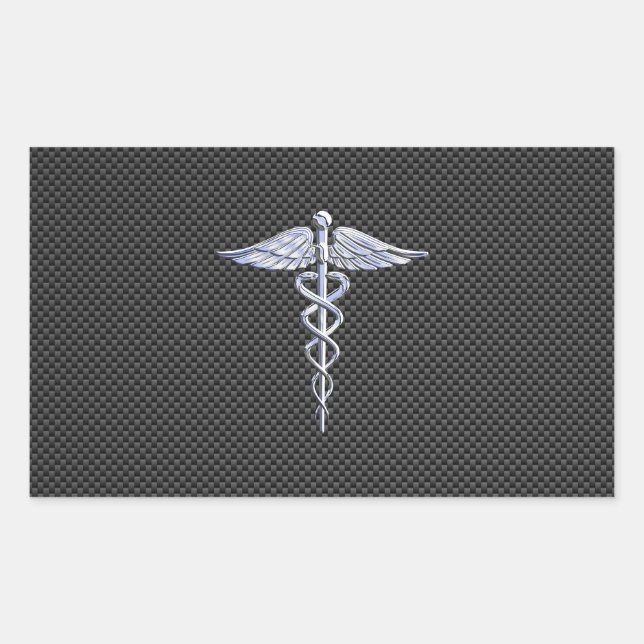 Silver Caduceus Medical Symbol Carbon Fiber Style Rectangular Sticker (Front)