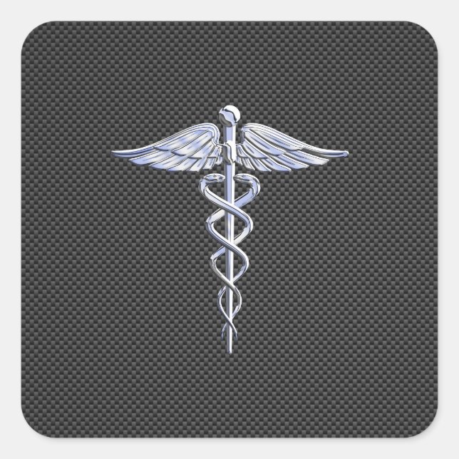 Silver Caduceus Medical Symbol Carbon Fiber Style Square Sticker (Front)
