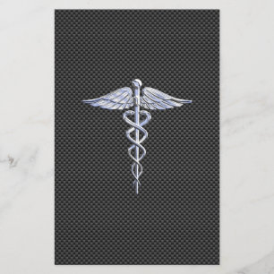 Silver Caduceus Medical Symbol Carbon Fiber Style Stationery