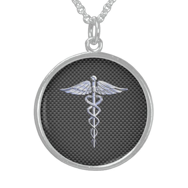 Silver Caduceus Medical Symbol Carbon Fiber Style Sterling Silver Necklace (Front)